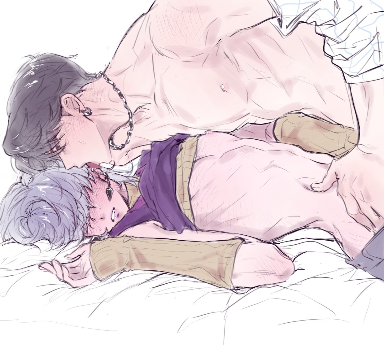 1008 redd, jinu (kpop demon hunters), mystery (kpop demon hunter), kpop demon hunters, 2boys, black hair, blush, ear piercing, earrings, hair over eyes, jewelry, licking, licking another's face, multiple boys, muscular, muscular male, necklace, nipples, piercing, purple hair, yaoi