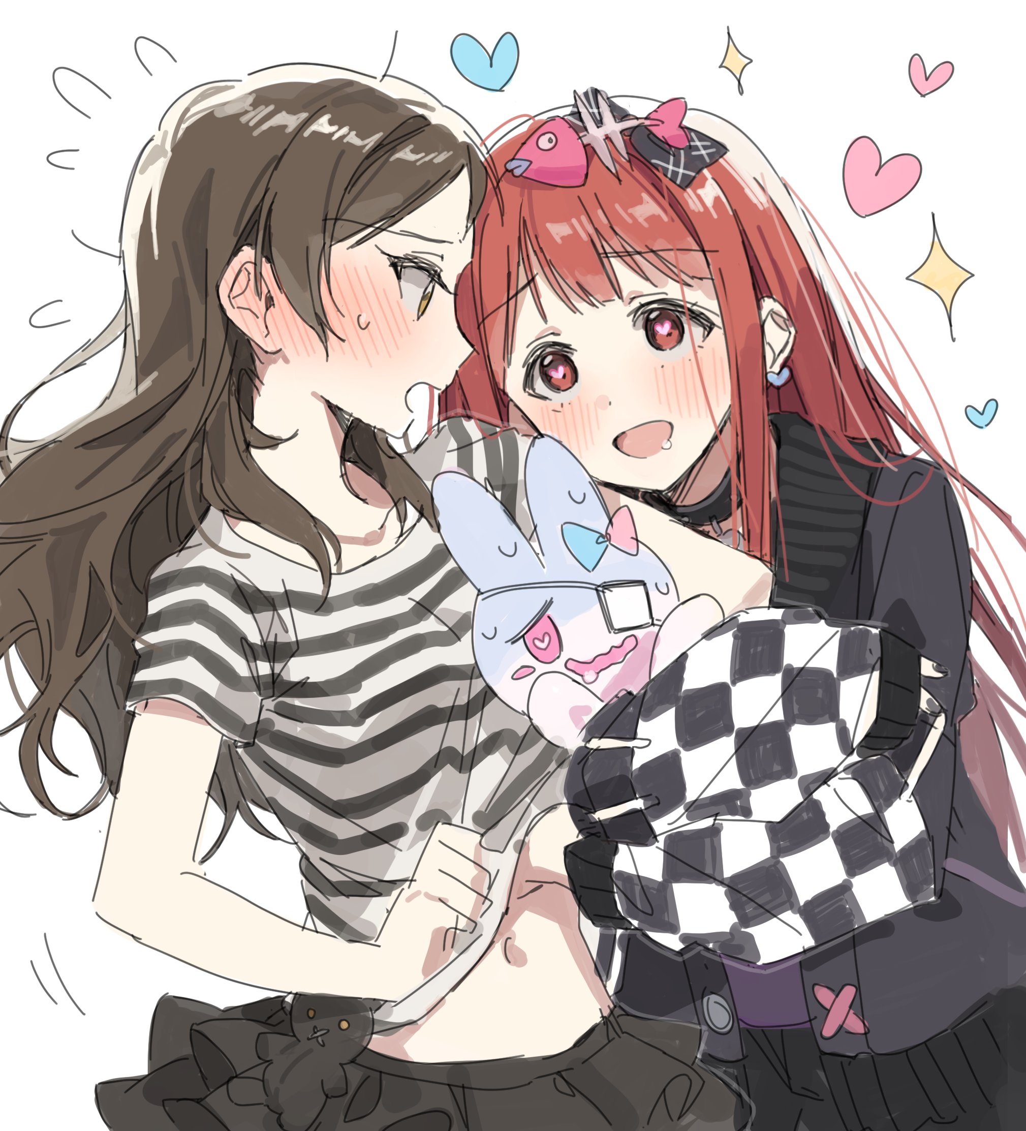 hano9789, kitazawa shiho, tanaka kotoha, idolmaster, idolmaster million live!, idolmaster million live! theater days, highres, 2girls, black cardigan, black choker, black nails, black skirt, blush, brown hair, cardigan, choker, clothes lift, ear blush, fingernails, fish skeleton hair ornament, heart, lifting another's clothes, long hair, long sleeves, looking at another, multiple girls, nail polish, navel, open mouth, red hair, shirt, shirt lift, short sleeves, simple background, skirt, sparkle, striped clothes, striped shirt, stuffed animal, stuffed rabbit, stuffed toy, tanaka kotoha (only see you), white background, yandere, yuri