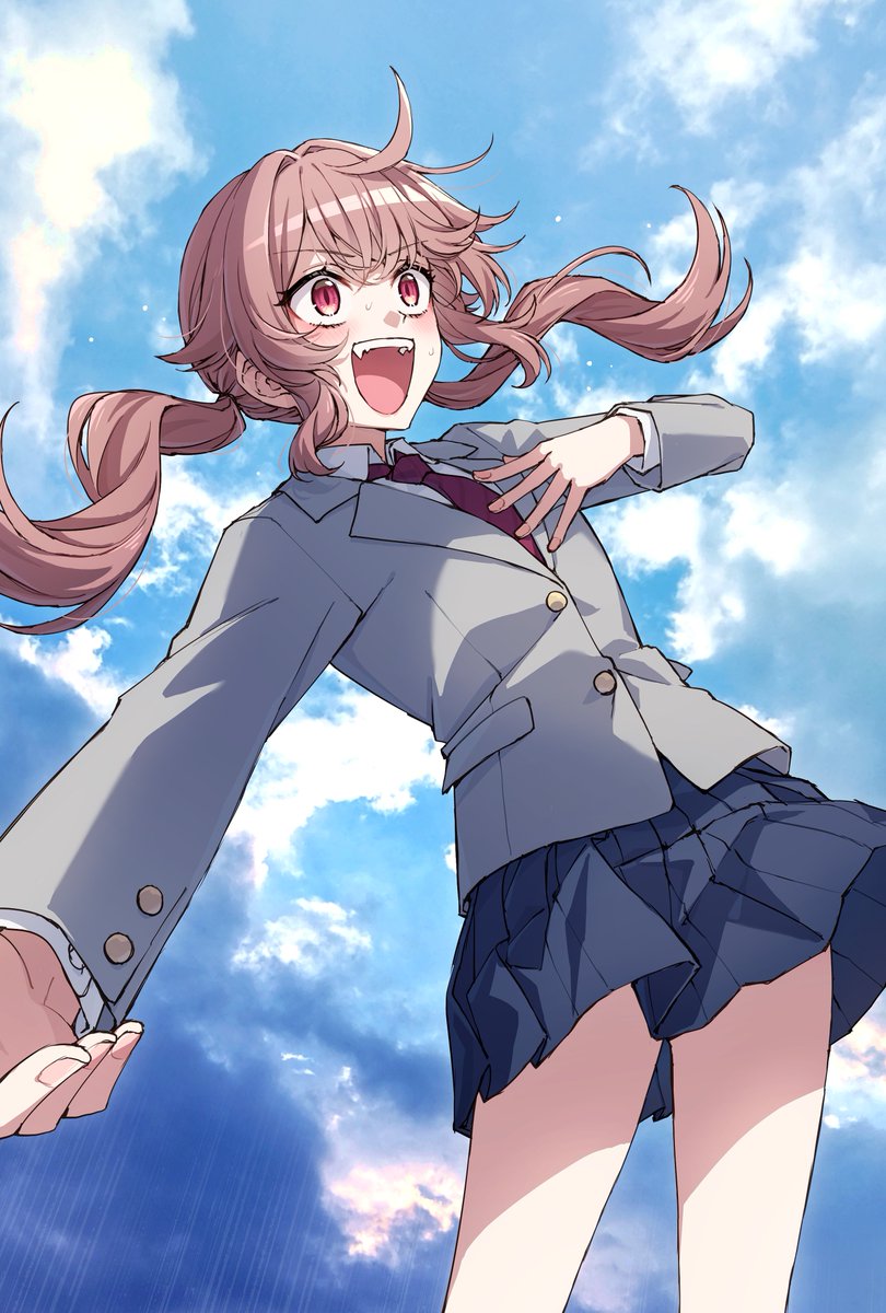 somechime (sometime1209), ogami haru, kimi ga hoeru tame no uta wo, commentary, hashtag-only commentary, highres, 1girl, ahoge, blue skirt, brown hair, cloud, fangs, floating hair, grey jacket, jacket, long hair, long sleeves, necktie, open mouth, pleated skirt, red eyes, red necktie, school uniform, shirt, skirt, sky, solo, teeth, twintails, upper teeth only, white shirt