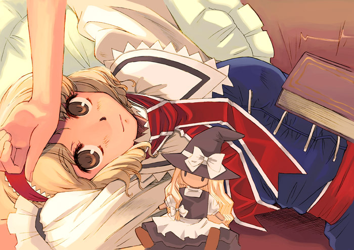 yuu (kfc), alice margatroid, kirisame marisa, touhou, 1girl, apron, blonde hair, book, brown eyes, capelet, character doll, doll, dress, female focus, hair ribbon, hairband, hat, ribbon, solo, witch, witch hat