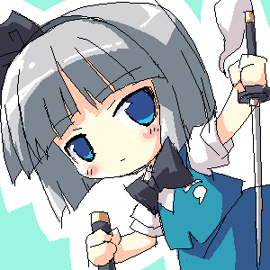 petenshi (dr. vermilion), konpaku youmu, konpaku youmu (ghost), touhou, lowres, 1girl, blue eyes, blunt bangs, blush, bob cut, bow, bowtie, chibi, chibi only, dutch angle, female focus, hair bow, hairband, hitodama, katana, oekaki, outline, sheath, shirt, short hair, skirt, skirt set, solo, sword, vest, weapon