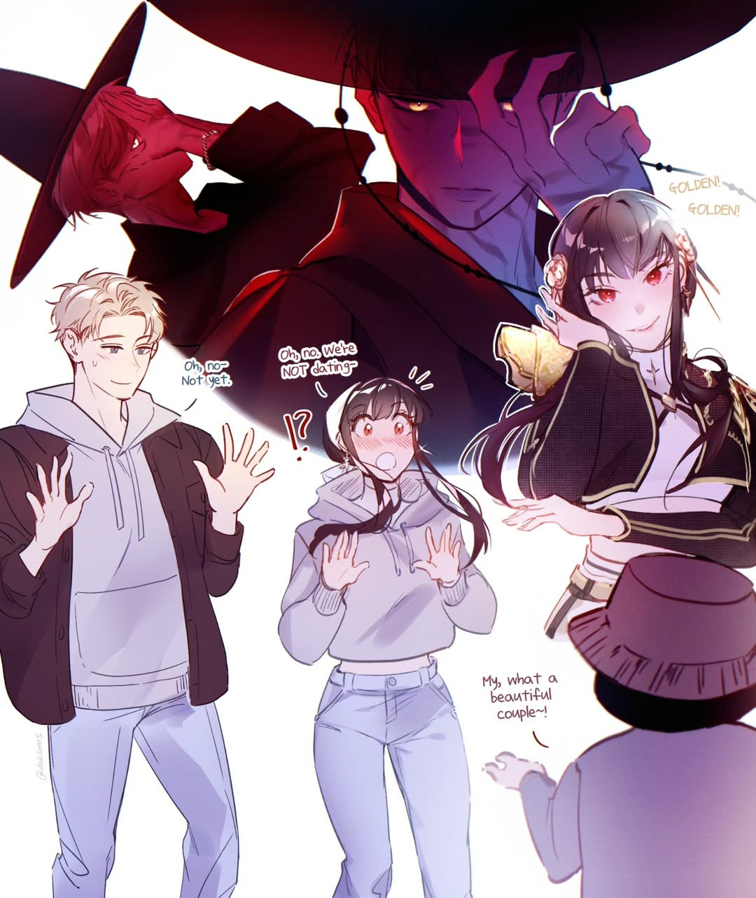 jinu (kpop demon hunters), rumi (kpop demon hunters), twilight (spy x family), yor briar, kpop demon hunters, spy x family, 1boy, 1girl, black hair, blonde hair, blue eyes, blush, couple, crossover, demon boy, denim, english text, hood, hoodie, jeans, monster boy, pants, red eyes, xppenca