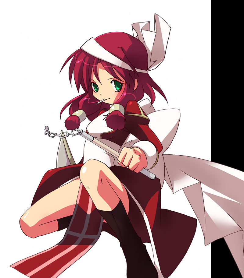 haruyo (imokenp), high priest (ragnarok online), ragnarok online, 1girl, bandana, battle, boots, chain, cigarette, female focus, green eyes, guard, red hair, solo