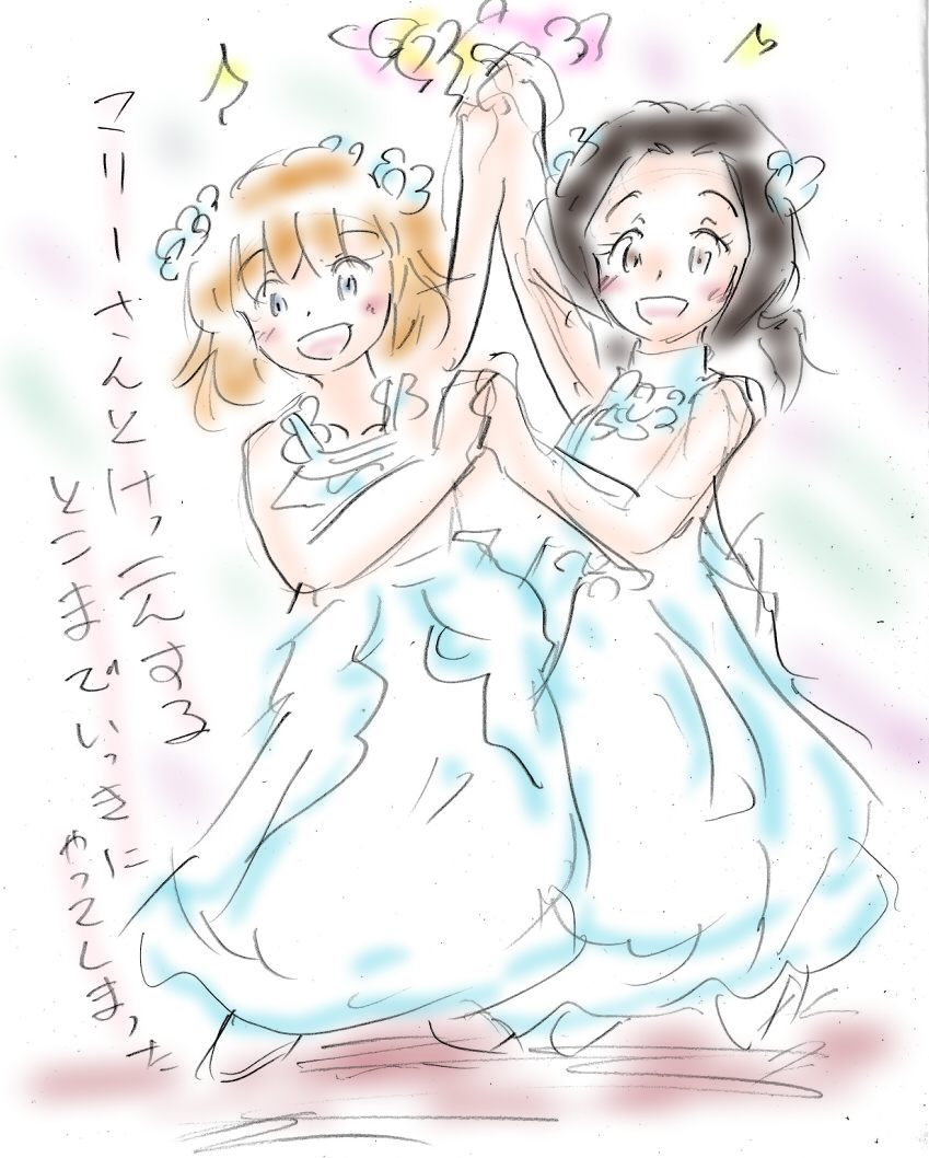 su (pixiv 263717), mary (bokujou monogatari), bokujou monogatari, harvest moon, character request, 2girls, black hair, blue eyes, blue flower, blush, brown eyes, collarbone, dancing, dress, flower, hair flower, hair ornament, holding hands, long hair, multiple girls, open mouth, orange hair, shoes, short hair, sketch, sleeveless, sleeveless dress, smile, sparkle, standing, twintails, white background, white dress, white shoes, wife and wife, yuri