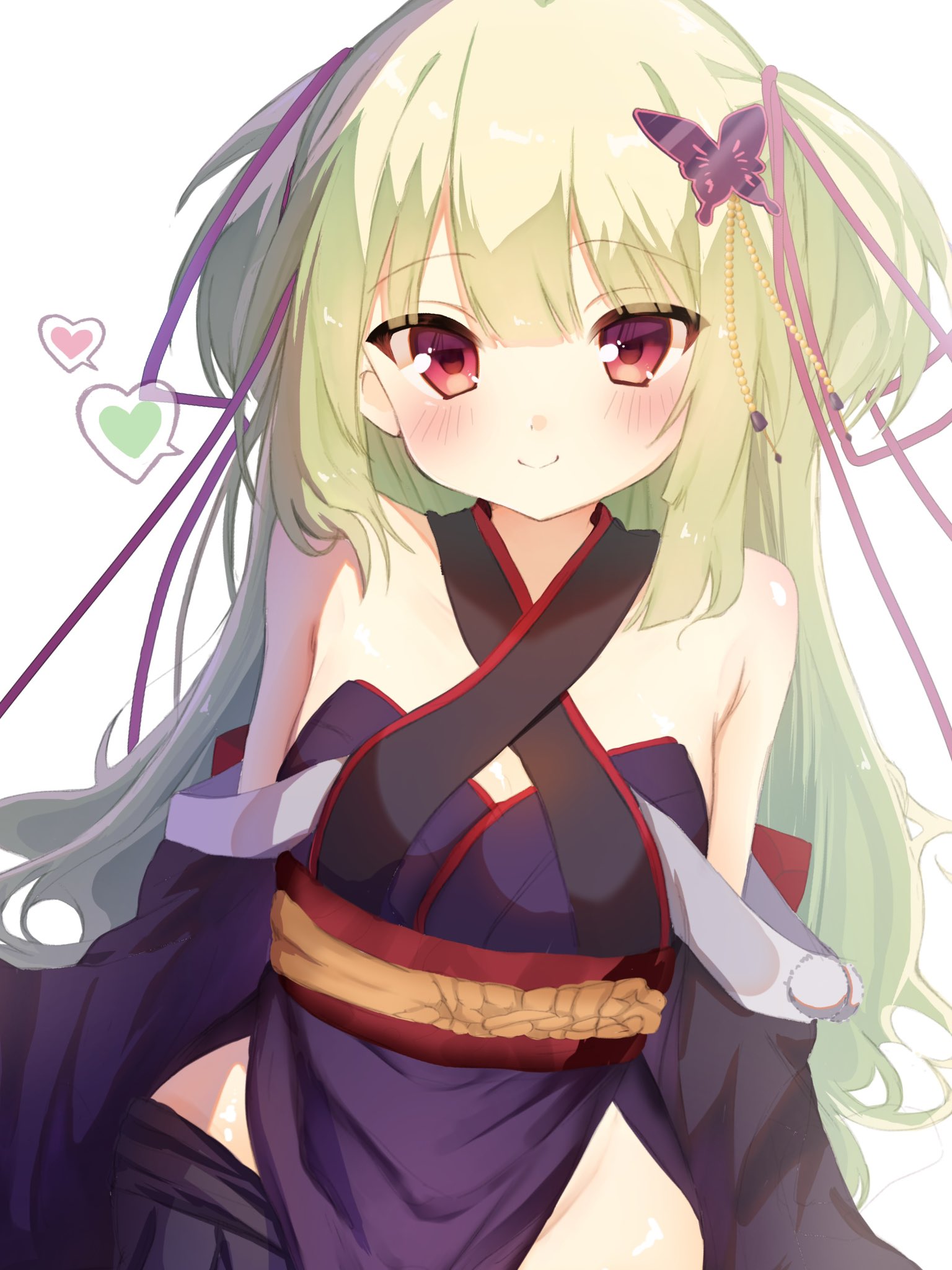 murasame (senren), senren banka, commentary, highres, symbol-only commentary, 1girl, armpit crease, arms at sides, azumaru a, bare shoulders, black kimono, blunt bangs, blunt ends, blush, breasts, butterfly hair ornament, closed mouth, cowboy shot, criss-cross halter, eyes visible through hair, green hair, hair ornament, hair ribbon, halterneck, happy, heart, hime cut, japanese clothes, kimono, long hair, long sleeves, pom pom (clothes), purple ribbon, red eyes, red sash, ribbon, sash, sidelighting, sidelocks, simple background, small breasts, smile, solo, speech bubble, split mouth, spoken heart, straight hair, two side up, very long hair, white background, wide sleeves