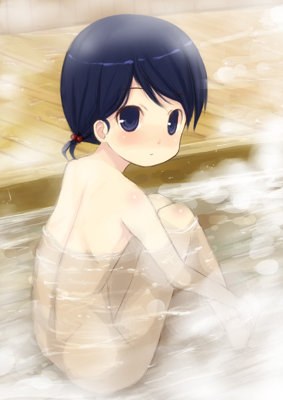 kagura mizuki, original, 1girl, female focus, from behind, loli, nude, onsen, short hair, solo