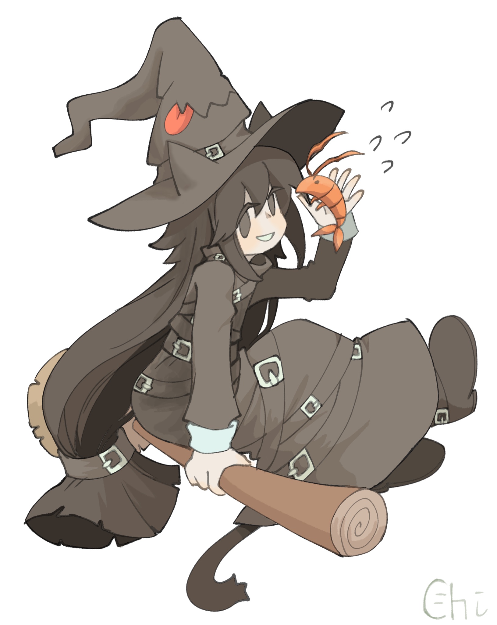 chlomaki (funamusea), lobco (funamusea), funamusea, oounabara to wadanohara, commentary, english commentary, highres, 1girl, animal, animal ears, belt, belt boots, belted dress, black belt, black boots, black dress, black hair, black hat, black tail, boots, broom, broom riding, cat ears, cat girl, cat tail, dress, flying sweatdrops, hair belt, hat, hat belt, holding, holding animal, holding broom, linhchiiz, lobster, long hair, looking at viewer, sidelocks, simple background, smile, tail, teeth, white background, witch hat