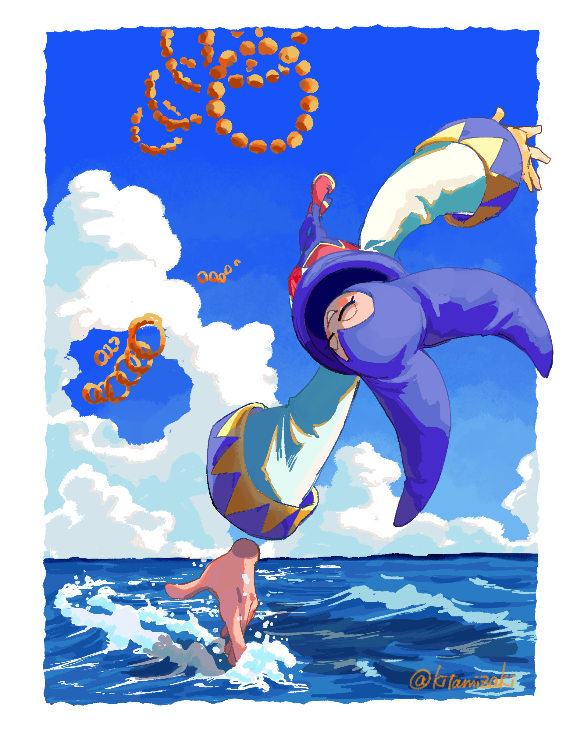 nights (character), nights into dreams, absurdres, highres, 1other, artist name, blue sky, border, closed eyes, cloud, flying, horizon, kitamizaki, midair, ocean, other focus, outdoors, outside border, sky, smile, solo, twitter username, water, white border, wide sleeves