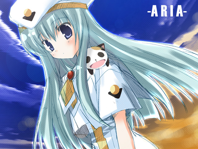 ikegami akane, alice carroll, president maa, aria (manga), uniform, 00s, 1girl, animal, animal on shoulder, blouse, blue eyes, cat, cat on shoulder, cloud, copyright name, day, dutch angle, female focus, green hair, hat, long hair, shirt, sky, solo, text focus, white shirt