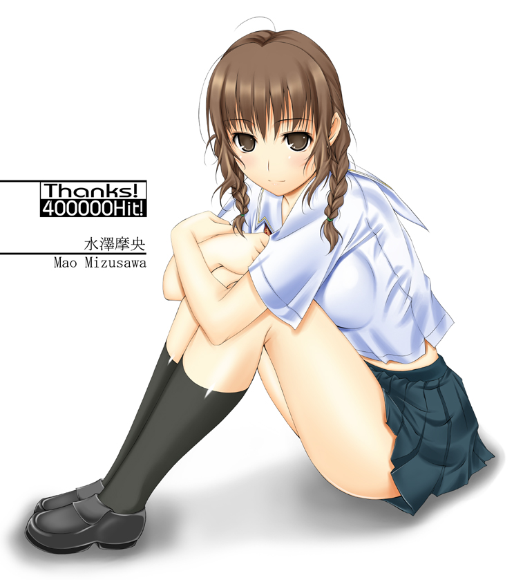 ribucci, mizusawa mao, kimi kiss, 1girl, braid, brown eyes, brown hair, character name, female focus, hugging own legs, knees up, looking at viewer, midriff, pleated skirt, school uniform, serafuku, sitting, skirt, solo, twin braids