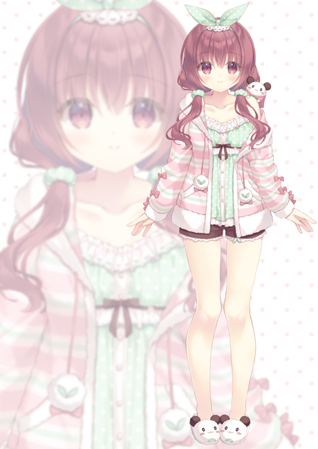 yukie (peach candy), commentary request, copyright request, 1girl, animal slippers, brown hair, brown shorts, camisole, closed mouth, collarbone, collared shirt, drawstring, frills, green camisole, green ribbon, hair over shoulder, hair ribbon, hood, hood down, hooded jacket, jacket, long hair, long sleeves, low twintails, off shoulder, open clothes, open jacket, polka dot, polka dot camisole, polka dot ribbon, puffy long sleeves, puffy sleeves, ribbon, shirt, short shorts, shorts, simple background, sleeves past wrists, slippers, smile, solo, standing, striped clothes, striped jacket, twintails, white background, white slippers, zoom layer