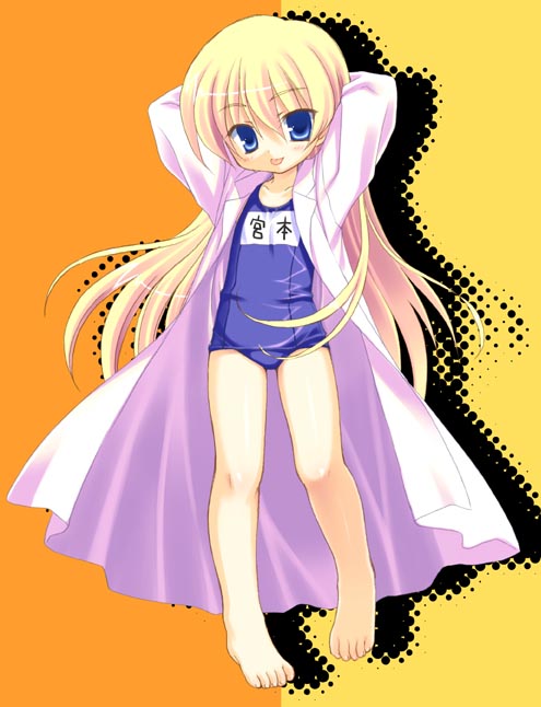 mori keiji, rebecca miyamoto, pani poni dash!, 00s, 1girl, barefoot, feet, female focus, full body, lab coat, long hair, name tag, no pants, one-piece swimsuit, school swimsuit, solo, swimsuit, swimsuit under clothes, very long hair
