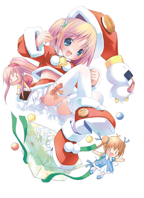 pop, ah-kun, nijihara ink, moetan, 00s, 3girls, bell, blonde hair, blue eyes, bow, box, brown hair, buttons, chibi, christmas, flower, gift, hat, jacket, jumping, large buttons, lingerie, loli, multiple girls, panties, pantyshot, petticoat, santa costume, santa hat, shoes, short twintails, smile, thighhighs, twintails, underwear, white panties, white thighhighs