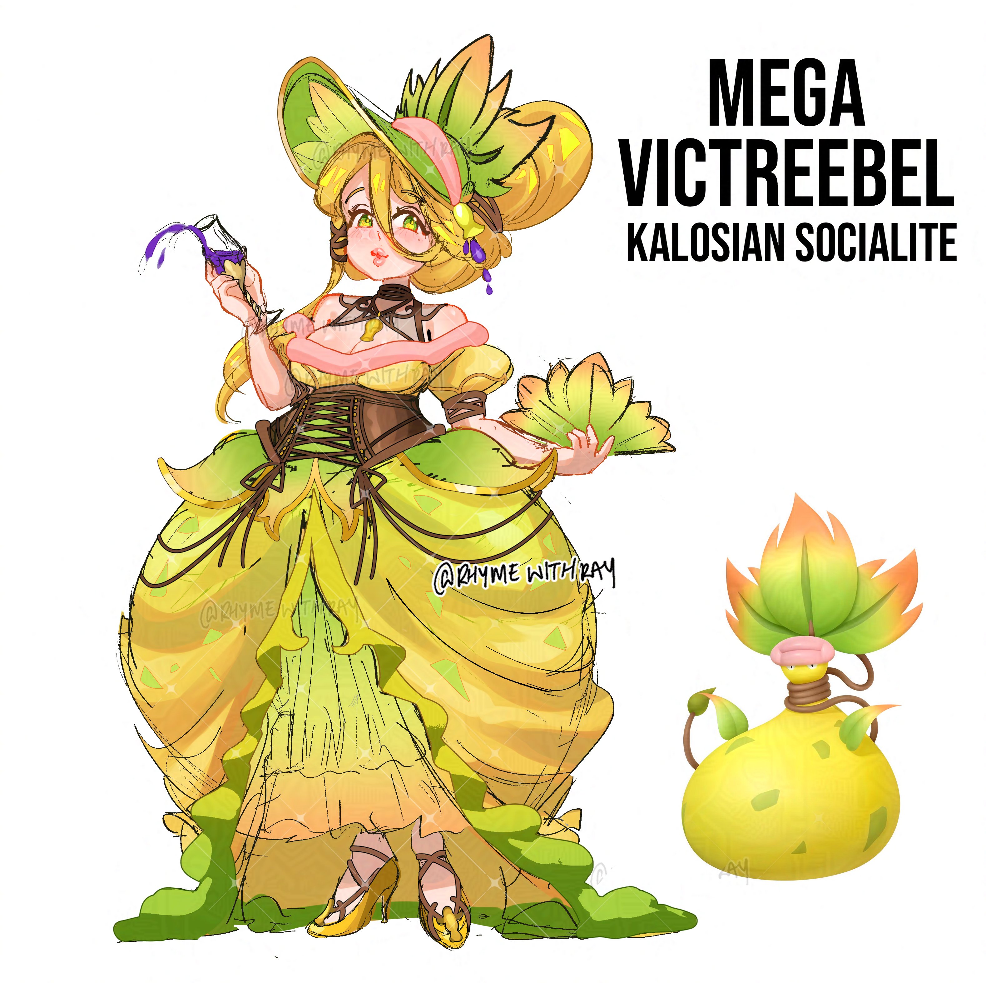 rhymewithray, nintendo, pokemon, absurdres, commentary, english commentary, highres, 1girl, artist name, blonde hair, breasts, cleavage, corset, creature and personification, cup, dress, drinking glass, full body, green eyes, green hat, hand fan, hat, high heels, holding, holding cup, mega victreebel, personification, pursed lips, reference inset, solo, standing, twitter username, watermark, white background, wine glass, yellow dress
