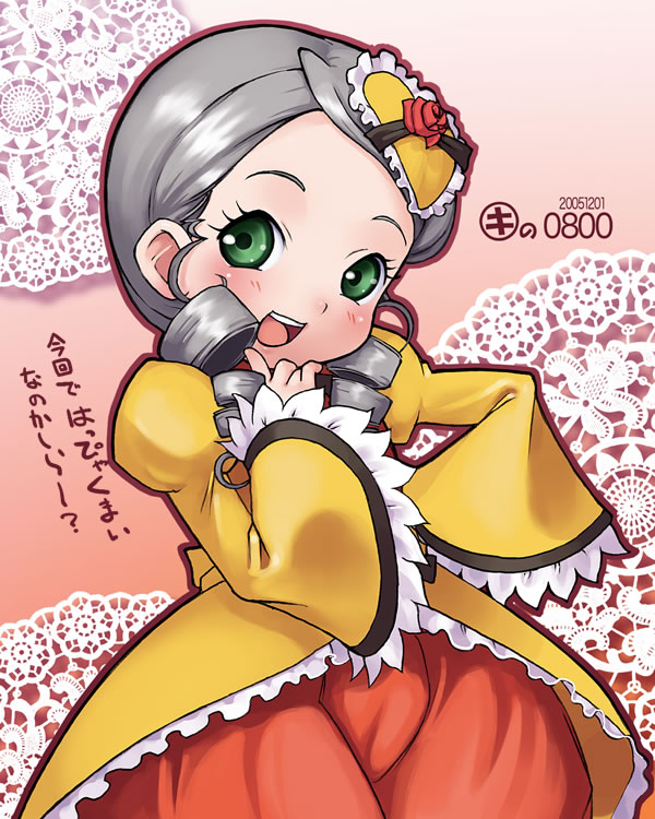 kei jiei, kanaria, rozen maiden, 00s, 1girl, 2005, dated, dress, drill hair, female focus, finger to mouth, grey hair, hair ornament, hand on own hip, long hair, open mouth, pants, puffy sleeves, smile, solo, wide sleeves