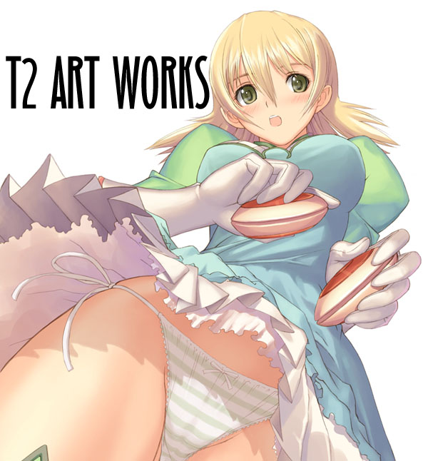 tony taka, gaball, zoids, zoids genesis, 00s, 1girl, blonde hair, dress, female focus, from below, green dress, green eyes, green panties, lace, lace-trimmed panties, lace trim, lingerie, panties, pantyshot, petticoat, short hair, side-tie panties, solo, standing, striped clothes, striped panties, underwear, upskirt