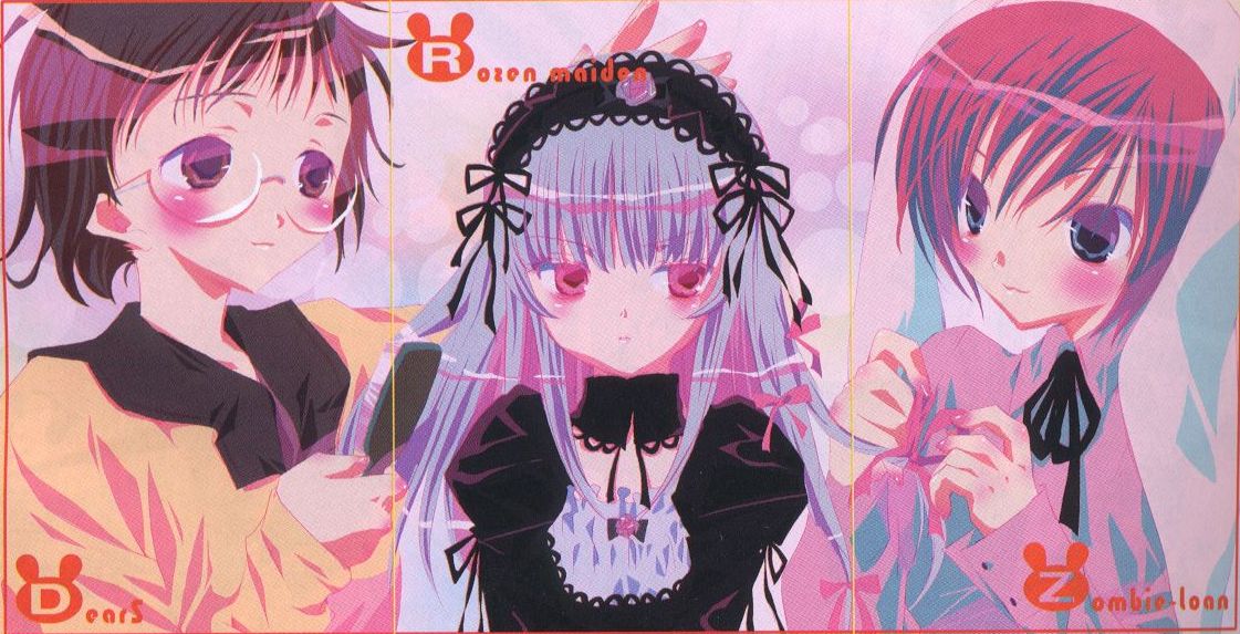 peach-pit, izumi neneko, neneko, suigintou, yuuta, dears, rozen maiden, zombie loan, silver hair, 00s, 3girls, blue eyes, blush, brown eyes, comb, copyright name, crossover, detached collar, dress, female focus, glasses, hair ribbon, hairband, hairdressing, hand on another's head, lips, long hair, multiple girls, neck ribbon, puffy sleeves, red eyes, ribbon, shirt, short hair, upper body, very long hair