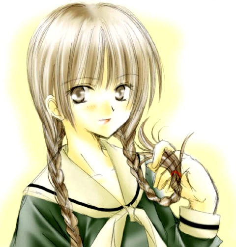 shimazu yoshino, maria-sama ga miteru, 00s, 1girl, braid, brown eyes, brown hair, collarbone, female focus, hair over shoulder, lipstick, long sleeves, looking at viewer, makeup, school uniform, serafuku, solo, twin braids, twirling hair, upper body