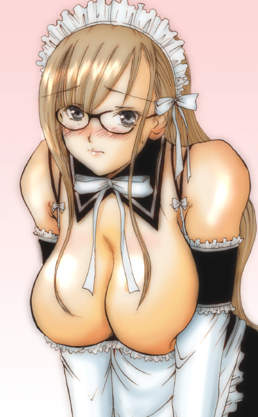 p.i.l., toudou shimako, maria-sama ga miteru, 00s, 1girl, arm garter, blush, breasts, cleavage, female focus, glasses, huge breasts, maid, solo