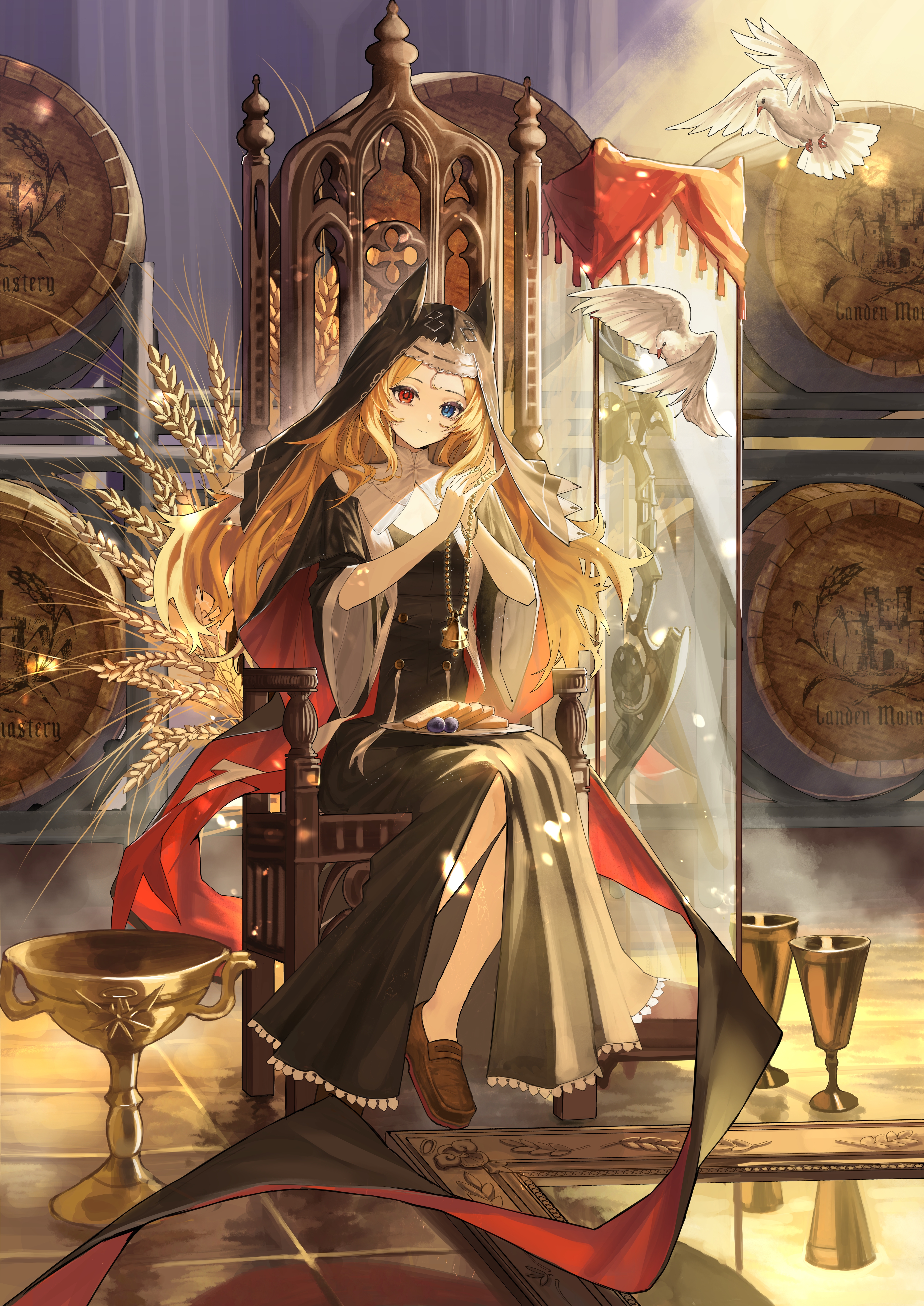 v.ia, archetto (arknights), archetto (glory of the devout) (arknights), arknights, absurdres, commentary request, highres, 1girl, animal ear headwear, barrel, bead necklace, beads, bell, bird, black dress, black veil, blonde hair, blue eyes, bread, bread slice, brown shoes, chalice, cloak, cup, dove, dress, ears under headwear, fake animal ears, flat chest, food, full body, gold necklace, guimpe, hands up, head tilt, heterochromia, holding, holding jewelry, holding necklace, indoors, jewelry, light smile, loafers, long dress, long hair, looking at viewer, mirror, necklace, nun, own hands together, plate, red eyes, reflective floor, shoes, sidelocks, sitting, sitting on throne, solo, three-quarter sleeves, two-sided cloak, two-sided fabric, veil, wheat, wide sleeves