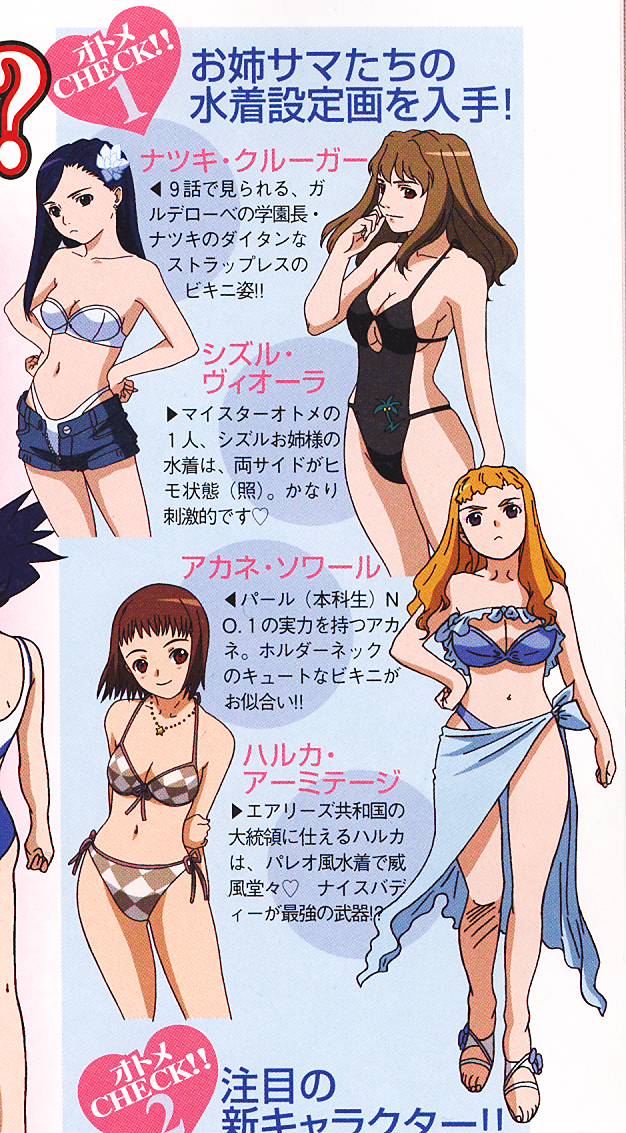 hisayuki hirokazu, akane soir, haruka armitage, natsuki kruger, nina wang, shizuru viola, my-otome, official art, 00s, 5girls, bikini, black hair, black one-piece swimsuit, blonde hair, blush, breasts, brown eyes, brown hair, character name, checkered bikini, checkered clothes, cleavage, collarbone, cowboy shot, english text, flower, frown, full body, hair flower, hair ornament, halterneck, hand on own hip, hands on own hips, heart, jewelry, large breasts, long hair, looking at viewer, midriff, multiple girls, navel, necklace, one-piece swimsuit, production art, reference sheet, sandals, sarong, short hair, short shorts, shorts, smile, star (symbol), star necklace, swimsuit, white bikini