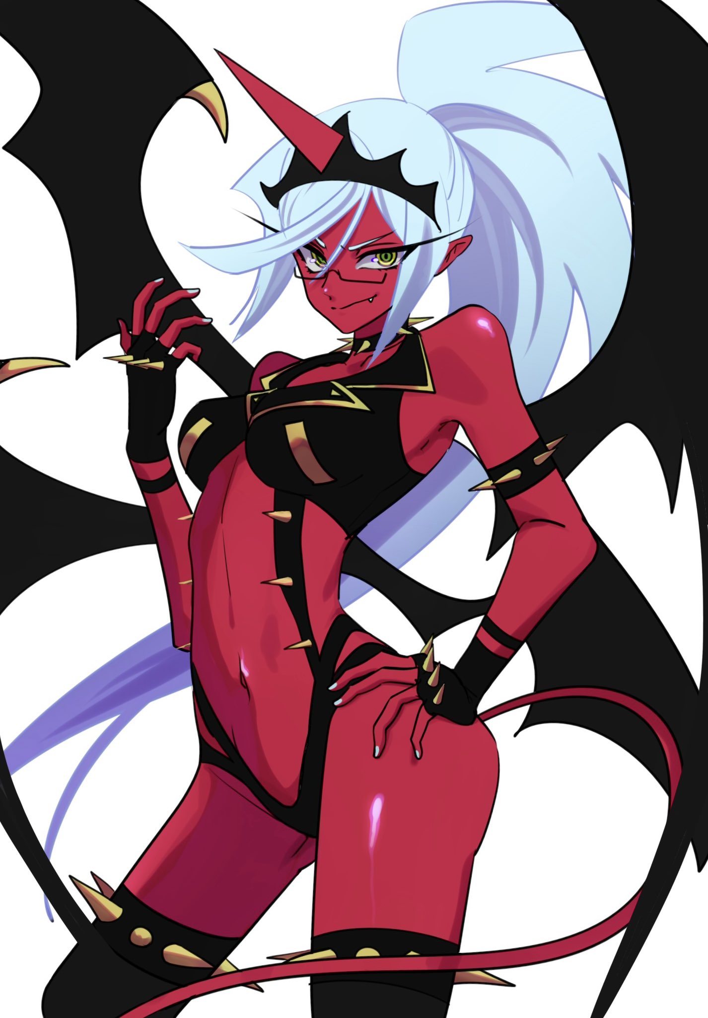 echizen (n fns17), kneesocks (psg), panty & stocking with garterbelt, highres, 1girl, breasts, collar, demon girl, demon horns, demon wings, flipped bangs, glasses, green eyes, high heels, horns, long hair, looking at viewer, medium breasts, ponytail, wings