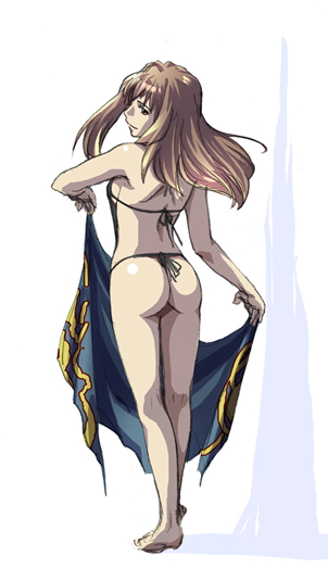 mura, mura (kiyohime), shizuru viola, my-otome, 00s, 1girl, ass, bikini, brown hair, female focus, from behind, long hair, looking back, panties, solo, swimsuit, thong, thong bikini, towel, underwear