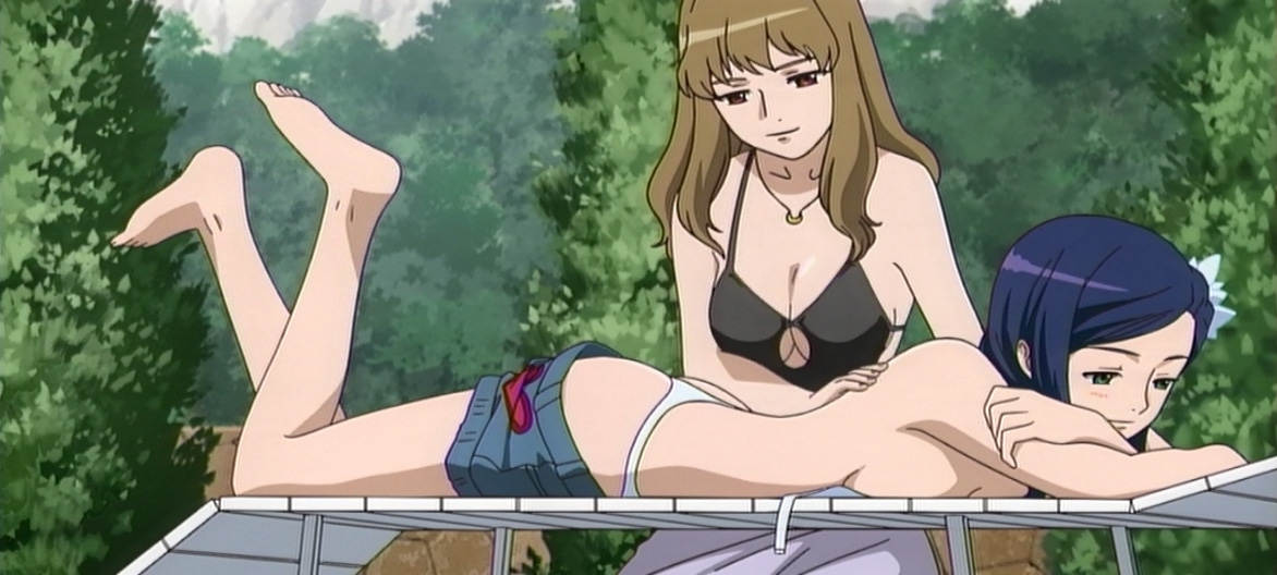 natsuki kruger, shizuru viola, my-otome, untied, anime screenshot, 00s, 2girls, ass, barefoot, bikini, blue eyes, blue hair, blush, breasts, brown eyes, brown hair, cleavage, cleavage cutout, clothing cutout, denim, denim shorts, feet, jewelry, lying, massage, multiple girls, necklace, on stomach, outdoors, shorts, swimsuit, thong bikini, topfreedom, topless female, tree, yuri