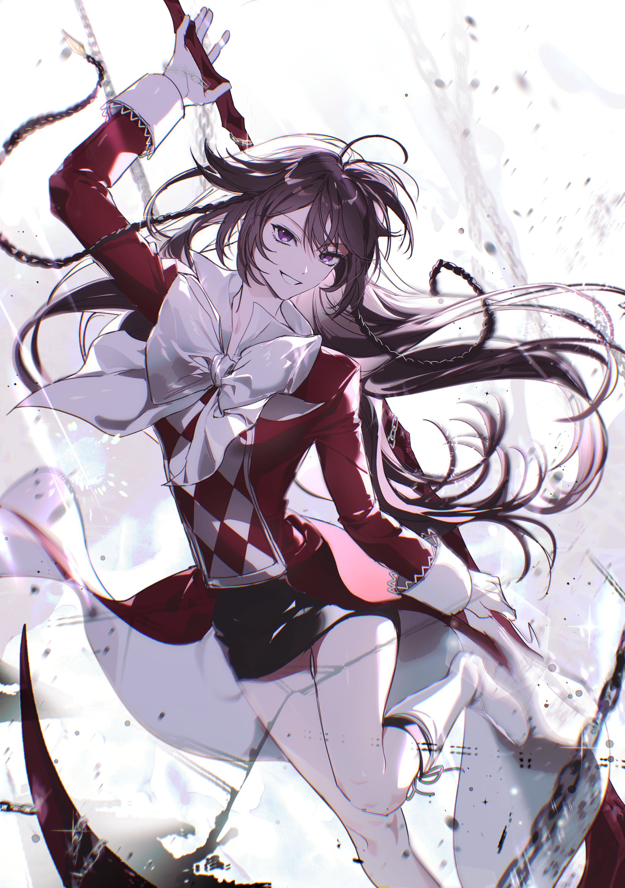 a mongs2, alice (pandora hearts), pandora hearts, absurdres, highres, 1girl, abstract background, antenna hair, black skirt, boots, bow, braid, brown hair, chain, checkered clothes, checkered dress, collared dress, dress, floating clothes, floating hair, gloves, grin, hair between eyes, holding, holding scythe, holding weapon, legs, long dress, long hair, long sleeves, looking at viewer, miniskirt, purple eyes, red dress, scythe, side braids, sidelocks, skirt, smile, solo, thighs, very long hair, weapon, white background, white boots, white bow, white gloves, white wrist cuffs, wrist cuffs
