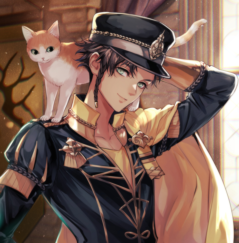 saku (soreca49), claude von riegan, fire emblem, fire emblem: three houses, nintendo, 1boy, brown hair, cape, cat, dark-skinned male, dark skin, garreg mach monastery uniform, gold cape, green eyes, male focus, short hair, side cape, smile, yellow cape