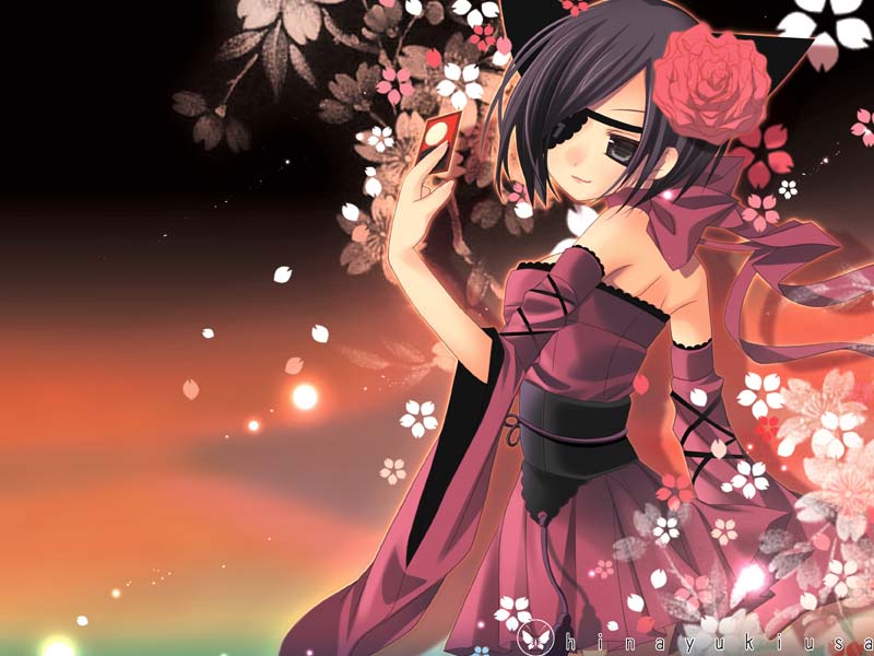 hinayuki usa, original, exif thumbnail surprise, 1girl, animal ears, back, bare shoulders, black eyes, black hair, card, cherry blossoms, detached sleeves, dress, eyepatch, female focus, flower, hanafuda, holding, holding card, japanese clothes, petals, ribbon, rose, short hair, solo, wide sleeves