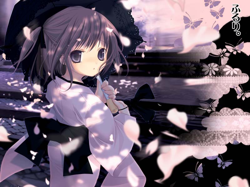 hinayuki usa, original, traditional clothes, exif thumbnail surprise, 1girl, blurry, brown hair, bug, butterfly, cherry blossoms, depth of field, female focus, holding, japanese clothes, kimono, looking at viewer, looking back, parasol, parted lips, petals, purple eyes, short hair, solo, stairs, standing, twintails, two side up, umbrella