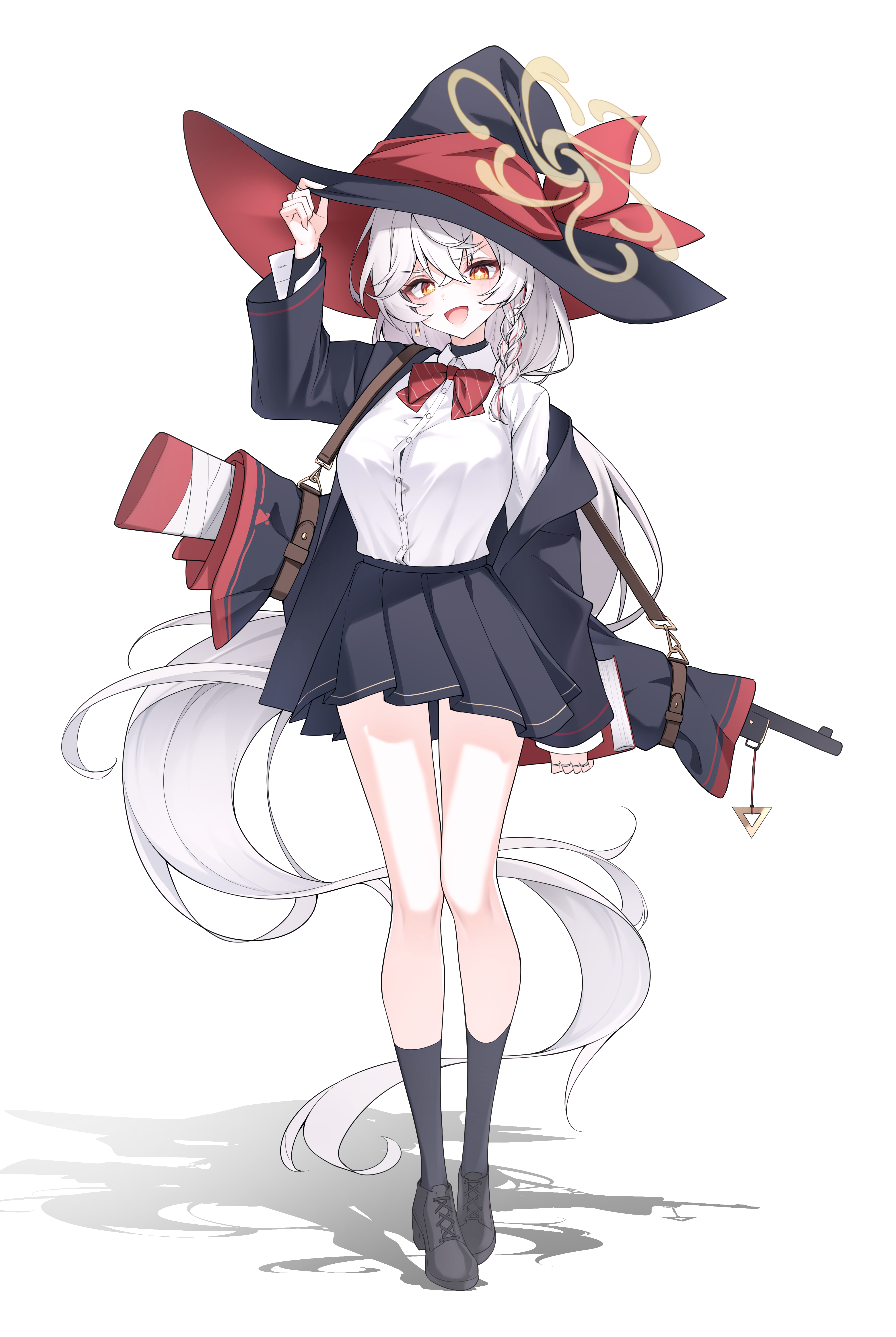 yaho (a01085748817), eri (blue archive), blue archive, :d, bow, bowtie, braid, earrings, gun, hat, jacket, jewelry, legs, long coat, long hair, open mouth, orange eyes, ring, shadow, shirt, shoes, skirt, smile, sweater, thighs, weapon, white hair, witch hat