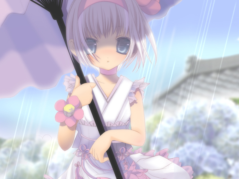 hinayuki usa, original, 1girl, :o, blue eyes, blush, choker, day, female focus, flower, frills, hairband, hydrangea, japanese clothes, lace, looking at viewer, maid, outdoors, parasol, rain, solo, umbrella, white hair