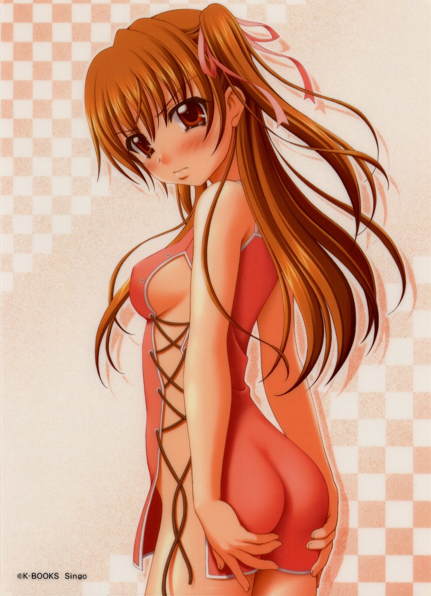 sin-go, highres, 1girl, ass, bare shoulders, blush, breasts, brown eyes, china dress, chinese clothes, covered erect nipples, dress, embarrassed, female focus, hair ribbon, no panties, orange hair, red hair, ribbon, sideboob, solo, tears