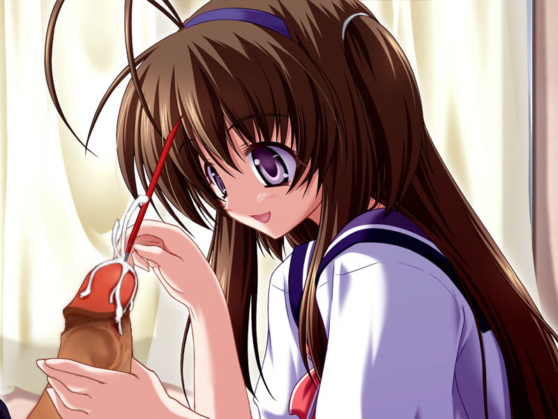 kazami haruki, nozaki mai, osananajimi na kanojo, game cg, 1girl, antenna hair, art brush, brown hair, cum, hairband, handjob, object insertion, paintbrush, penis, purple eyes, school uniform, serafuku, smile, solo focus, sounding, uncensored, urethral insertion, what