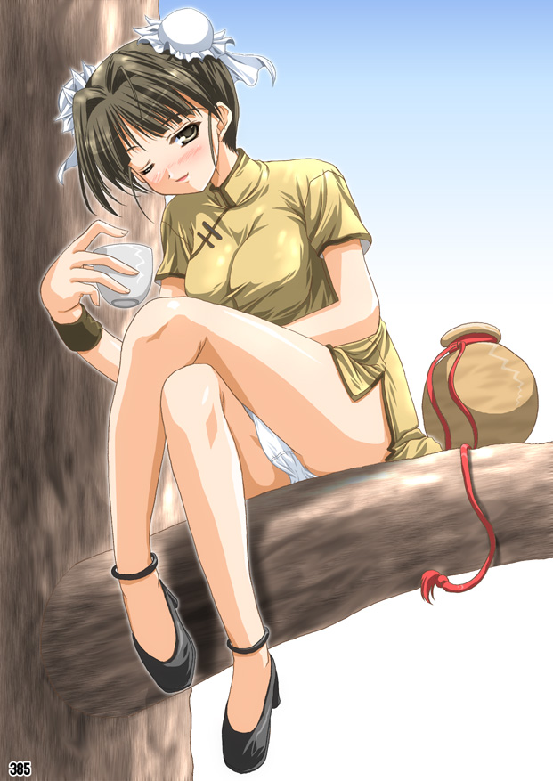 miyai sen, 1girl, alcohol, blush, brown eyes, brown hair, bun cover, china dress, chinese clothes, crossed legs, day, double bun, dress, drinking, drunk, female focus, full body, hair bun, hairpods, high heels, in tree, legs, long legs, one eye closed, outdoors, panties, pantyshot, sake, shoes, short hair, sitting, sitting in tree, skirt, solo, thighs, tree, underwear, upskirt, white panties, wink, yellow dress, yellow skirt