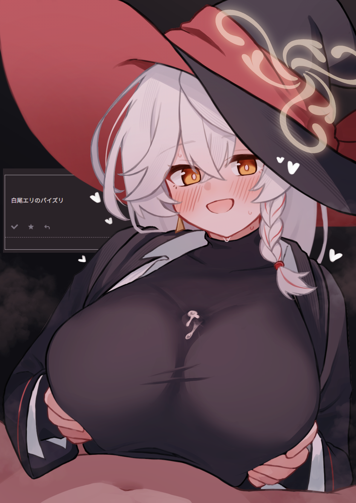 hijikata, eri (blue archive), blue archive, 1boy, 1girl, blush, bow, bowtie, braid, censored, clothed paizuri, cum, halo, hat, heart, jacket, long coat, long hair, open clothes, open shirt, orange eyes, paizuri, paizuri under clothes, penis, shirt, sweat, sweater, white hair, witch hat