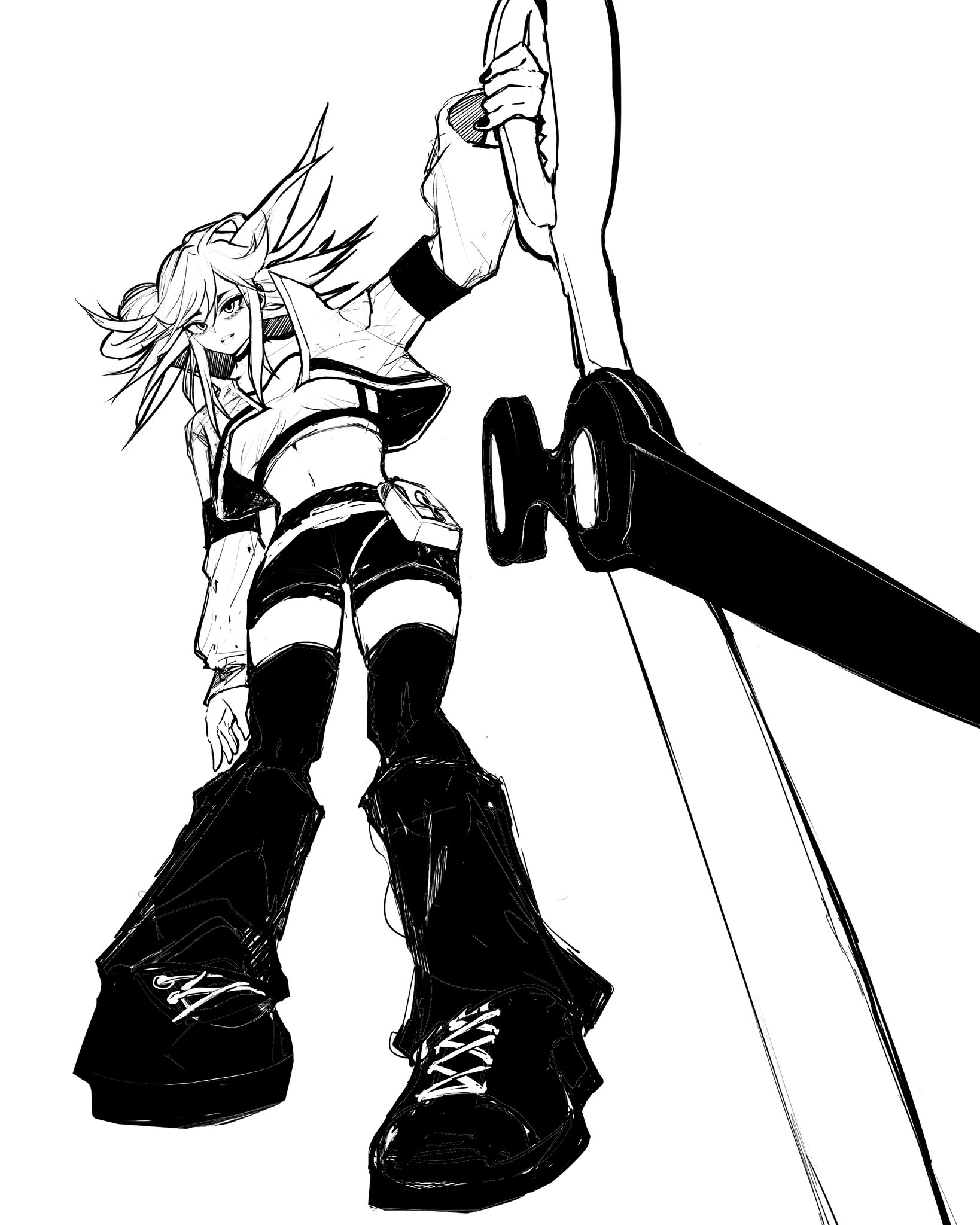 gindaagi, riyo reaper, gachiakuta, 1girl, full body, holding, holding weapon, monochrome, scissors, sketch, solo, twintails, weapon