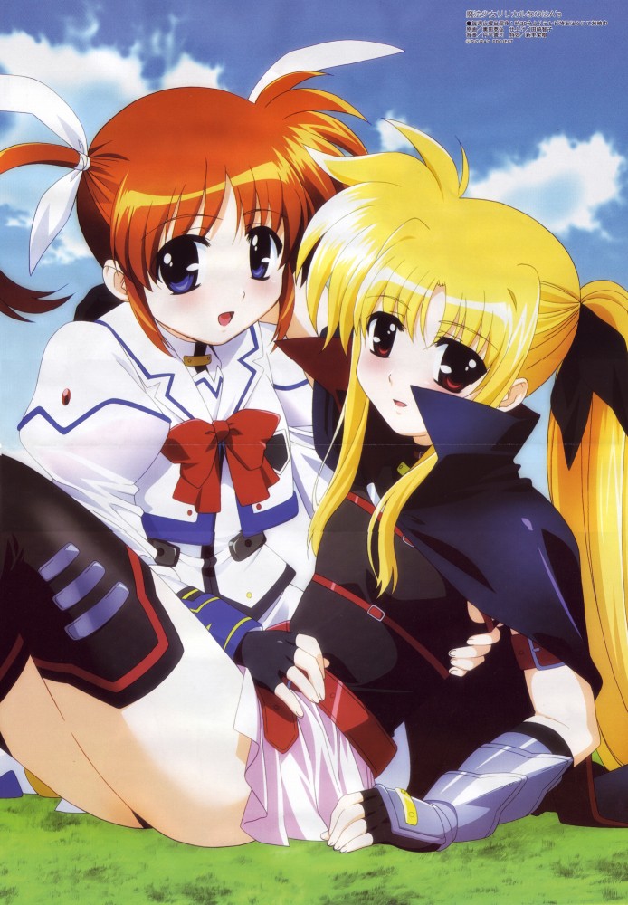 okuda yasuhiro, fate testarossa, fate testarossa (lightning form), takamachi nanoha, takamachi nanoha (sacred mode), lyrical nanoha, mahou shoujo lyrical nanoha, mahou shoujo lyrical nanoha a's, megami magazine, non-web source, official art, scan, 00s, 2girls, arm belt, armor, belt, black thighhighs, blonde hair, blue eyes, blush, bow, cape, cloud, crop top, day, fingerless gloves, flat chest, gloves, grass, hair ribbon, hug, kneeling, leotard, loli, long hair, magical girl, multiple girls, orange hair, outdoors, ponytail, purple eyes, reclining, red bow, red eyes, red hair, ribbon, short twintails, sitting, skirt, sky, smile, strap, thighhighs, turtleneck, twintails, very long hair, yuri