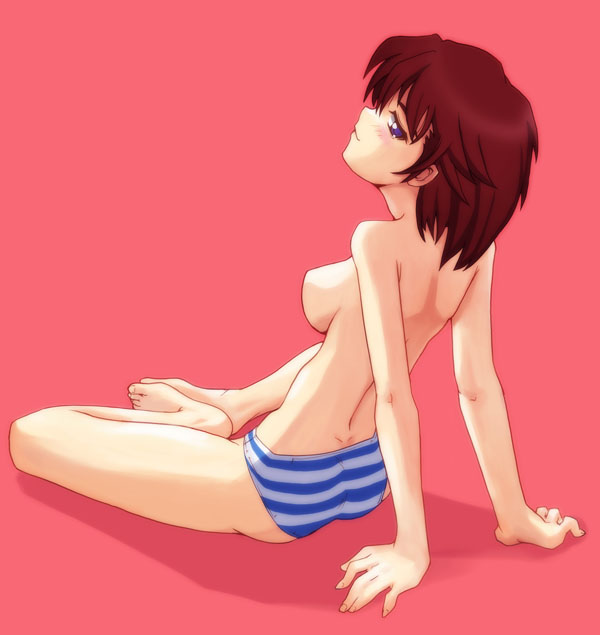 original, 1girl, arm support, ass, blue eyes, blue panties, blush, breasts, brown hair, female focus, leaning, panties, short hair, sitting, solo, striped clothes, striped panties, topless female, underwear, underwear only