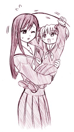 fukuzawa yumi, ogasawara sachiko, maria-sama ga miteru, lowres, 00s, 2girls, age difference, age regression, aged down, carrying, child, collarbone, grabbing another's hair, holding another's hair, long hair, looking at another, monochrome, multiple girls, school uniform, serafuku, short hair, smile, sweatdrop, time paradox, twintails, very long hair