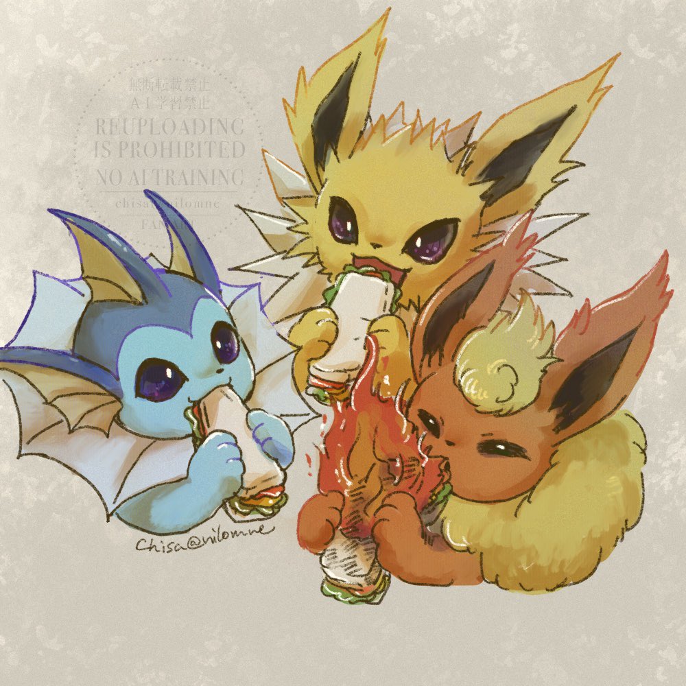 momomo12, flareon, jolteon, vaporeon, nintendo, pokemon, blue eyes, closed eyes, eating, fire, food, gen 1 pokemon, holding, holding food, no humans, open mouth, pokemon (creature), purple eyes, sandwich, smile, twitter username