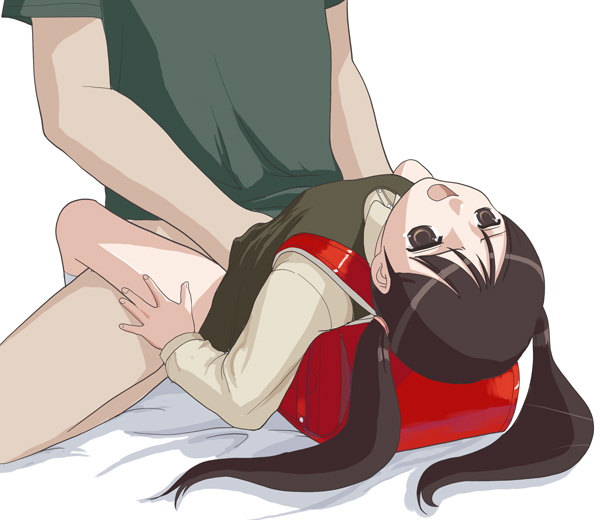natori (natorism), copyright request, 1boy, 1girl, backpack, bag, bottomless, brown eyes, brown hair, clothed sex, female orgasm, flat chest, hetero, loli, long hair, missionary, open mouth, orgasm, randoseru, sex, solo focus, spread legs, twintails, vaginal