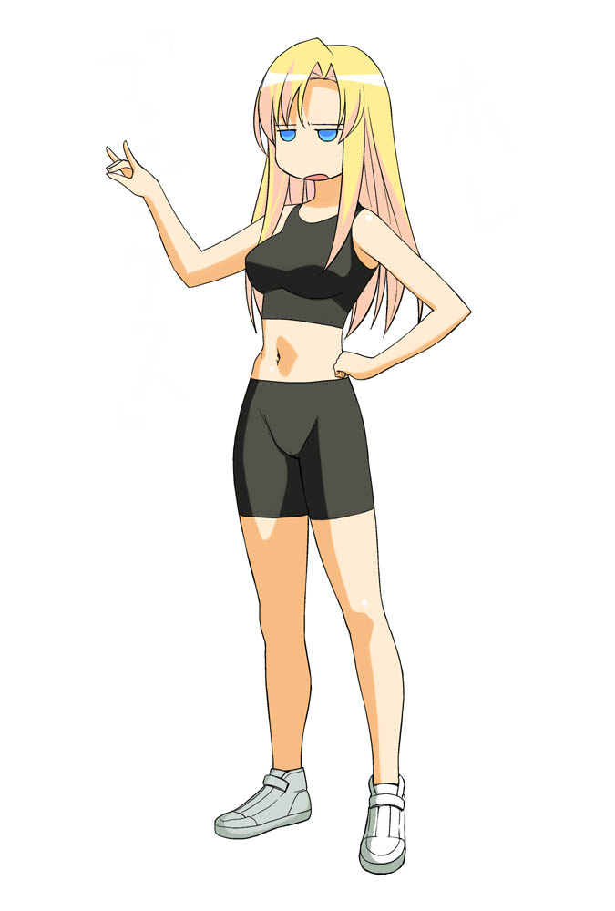 a1 (initial-g), layla hamilton, kaleido star, 00s, 1girl, bike shorts, blonde hair, blue eyes, female focus, full body, hand on own hip, long hair, navel, o o, puppet, shoes, simple background, sneakers, solid circle eyes, solo, sports bra, standing, white background