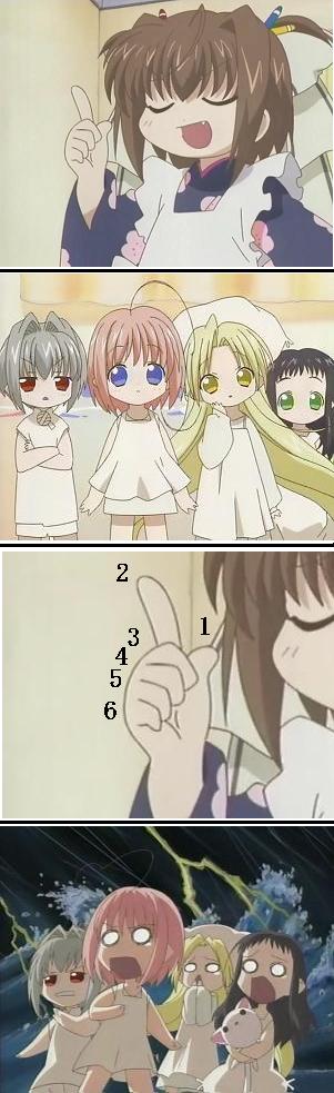 chiriri, hororo, kururu, oboro (bottle fairy), sarara, tama-chan, tamachan, binzume yousei, bad tag, screencap, long image, tall image, 4koma, ahoge, artistic error, comic, extra digits, index finger raised, lightning, o o, pointing, surprised
