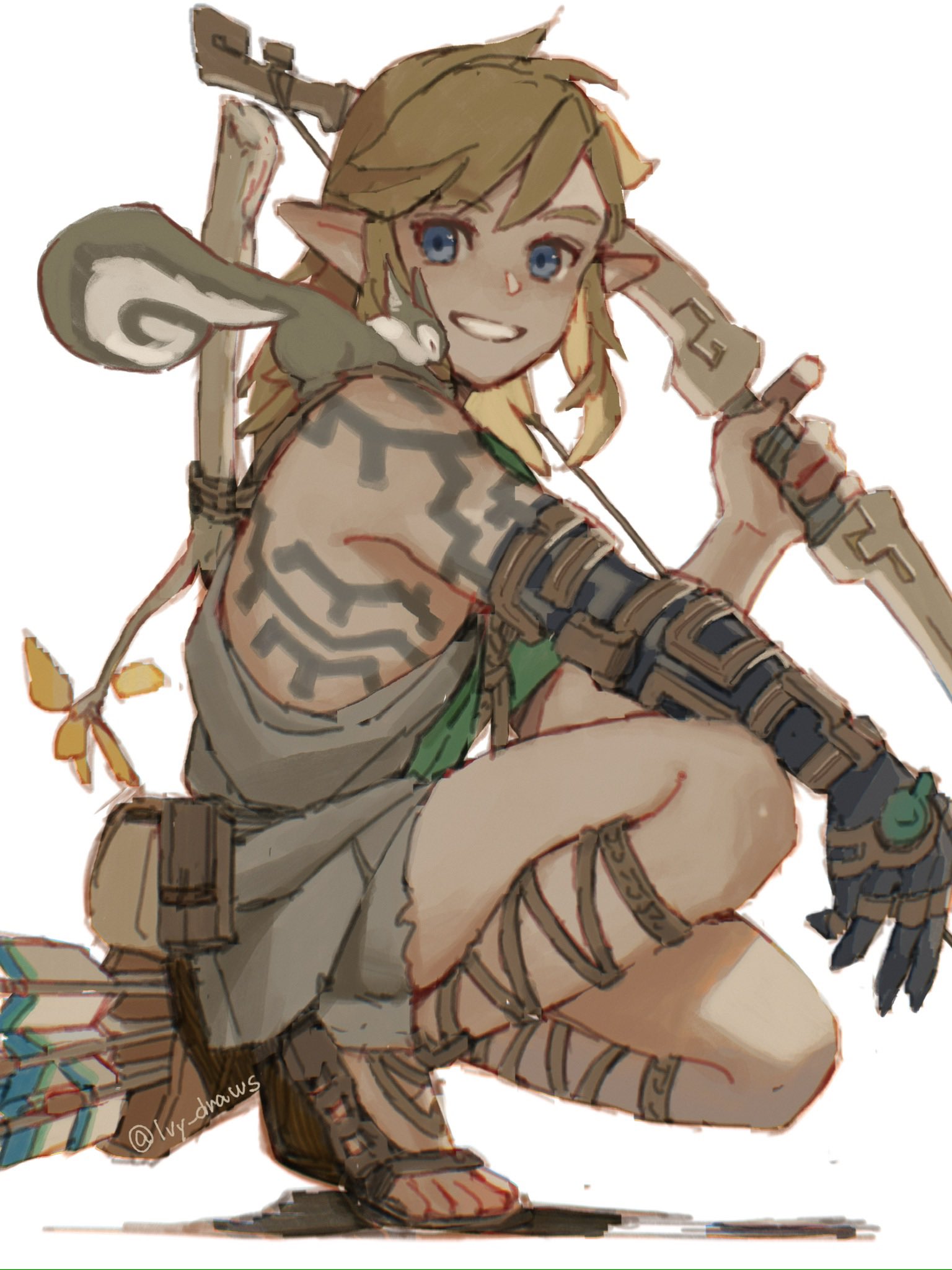 ivy (sena0119), link, nintendo, the legend of zelda, the legend of zelda: tears of the kingdom, commentary, english commentary, highres, 1boy, archaic set (zelda), arrow (projectile), blonde hair, blue eyes, bow (weapon), holding, holding bow (weapon), holding weapon, male focus, pointy ears, quiver, smile, solo, squatting, squirrel, toes, weapon