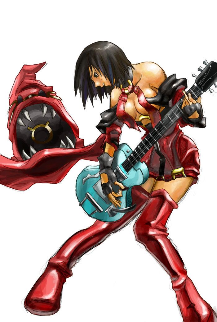 ishiwatari daisuke, shihira tatsuya, i-no, arc system works, guilty gear, 1girl, boots, female focus, guitar, hat, instrument, red boots, red hat, sharp teeth, solo, teeth, thighhighs