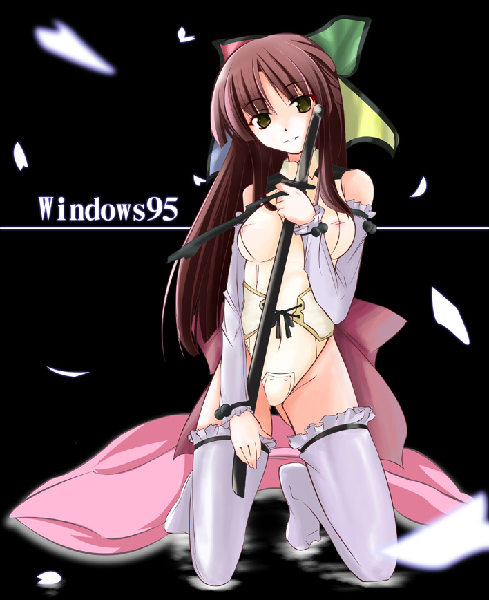 ganmo, 95-tan, os-tan, 1girl, female focus, katana, leotard, ribbon, solo, sword, thighhighs, weapon