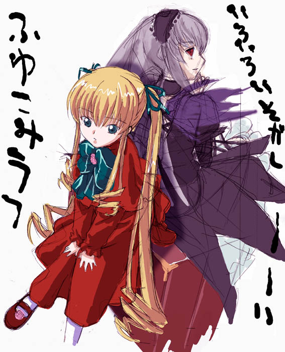 mikage nao, shinku, suigintou, rozen maiden, silver hair, 00s, 2girls, back-to-back, black wings, blonde hair, bonnet, dress, drill hair, flower, hairband, long hair, looking at viewer, looking back, mary janes, multiple girls, red dress, rose, shoes, simple background, sketch, v arms, very long hair, wings